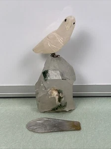 Peter Muller Hand Carved Rose Quartz Bird on Quartz Rock Stone Art Figure Broken - Picture 1 of 11