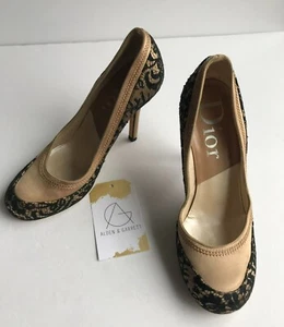 Dior Tan Pumps High Heels W/ Black Floral Lace Overlay, Size 5 (US) 35 (EUR) - Picture 1 of 10