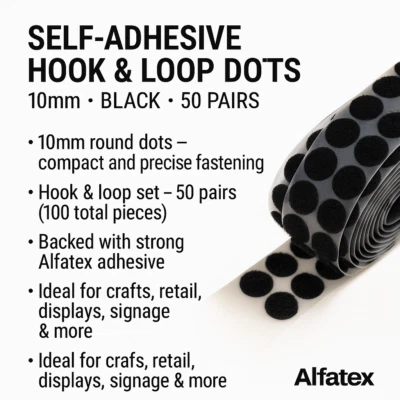 ALFATEX® SUPPLIED BY VELCRO® Self Adhesive Hook & Loop Dots 10mm Black x 50 Pairs – Alfatex Coins Circles