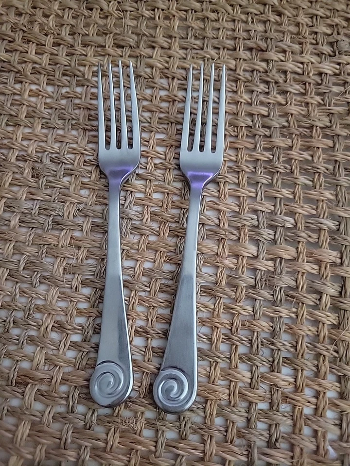 2 Robert Welch Ammonite Satin Spiral Salad Dessert Forks 6 3/4" Stainless - Image 1 of 4