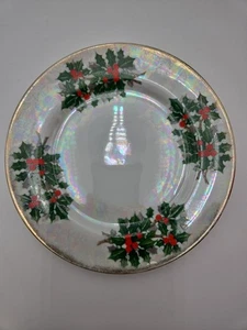 Plato de Navidad Vintage Diciembre Acebo 8" Borde Dorado Iridiscente Vacaciones... - Imagen 1 de 2
