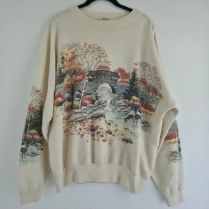 Vintage 90s Lifestyles Crew Sweatshirt AOP Herbst Szene Hirsch All Over Print Glitzer - Bild 1 von 18