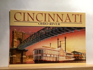 Ohio River, Roebling Bridge and Cincinnati, OH - Vintage Postcard - Picture 1 of 3