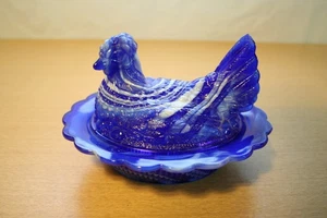 Mosser Blue Slag Glass 6-1/2" Hen on Nest Candy Dish - Picture 1 of 8