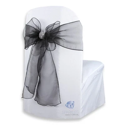 20 pcs Organza Chair Cover Bow Sash 108"x8" - Black - w/ Bow Covers Wedding os - Image 1 of 4