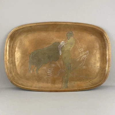 Vintage E Cabello Mixed Metal Tray Matador Bull Copper Brass Mexico 17.75" - Image 1 of 4