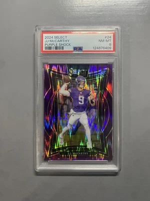 2024 Panini Select - Concourse J.J. McCarthy #24 Purple Shock Prizm /75 RC PSA 8 - Image 1 of 2