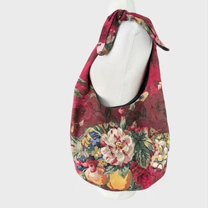 Vintage 90's Handmade Whimsygoth Boho Hobo Floral Tapestry Bag Red Roses - Picture 1 of 7