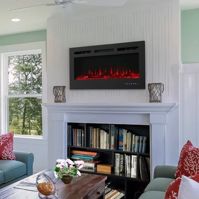 40 in Modern Flame Mounted Indoor Electric Fireplace - Black by Sunnydaze - Image 1 of 4