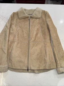 Guess Vintage Damen hellbraune Wildleder Lederjacke M Full Zip Kunstfell gefüttert Taschen - Bild 1 von 9