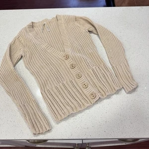 Vintage 90s Y2K High Sierra Tan Cable Knit Cardigan Sweater S M Neutral Bella - Picture 1 of 9