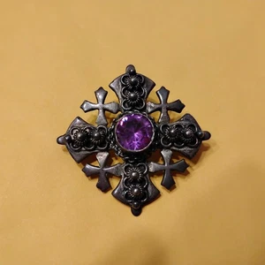 Vintage Jerusalem Malteser Kreuz 900 Sterling Silber Brosche Anhänger rosa Saphir - Bild 1 von 10