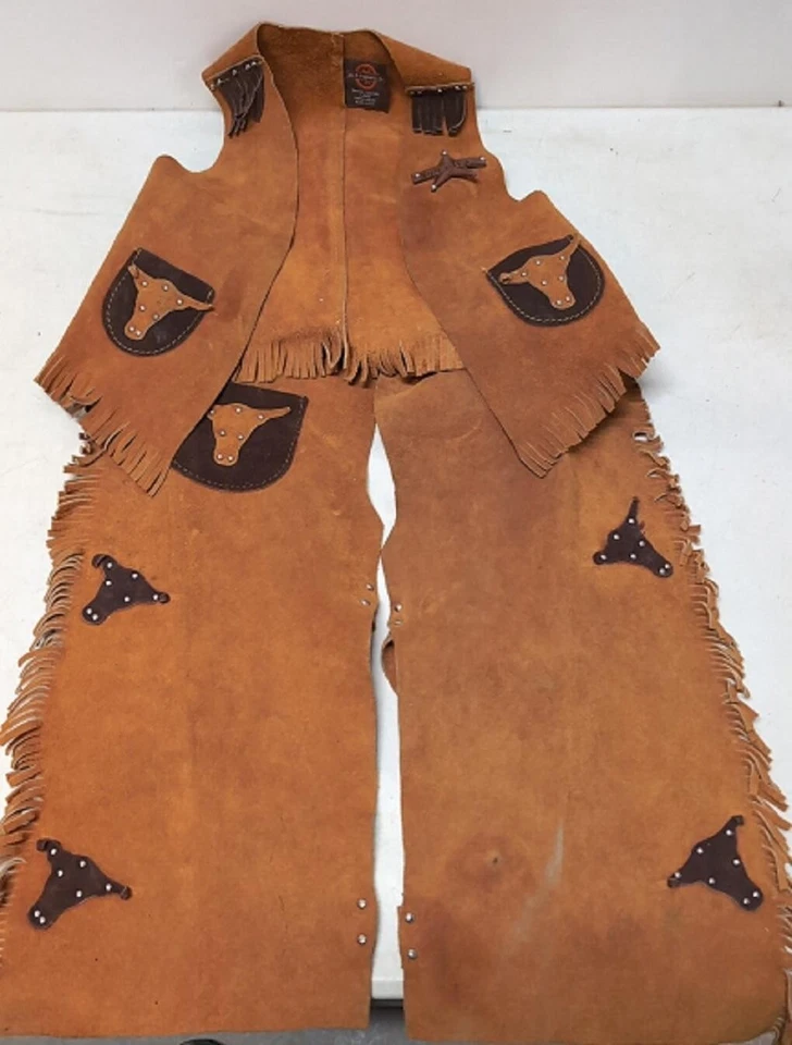 Chaleco y gorras de cuero John R Craighead Co talla grande vaquero occidental niños Texas Foto 1 de 1