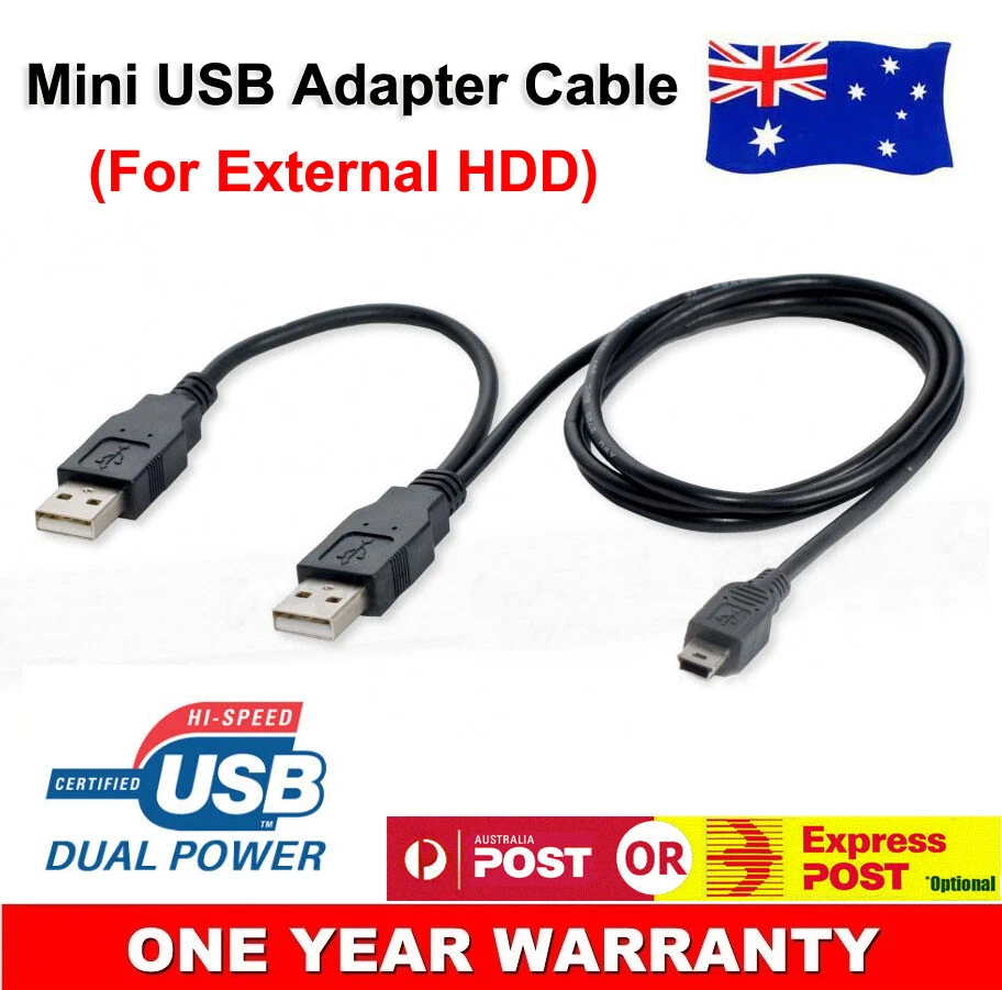 Mini B to Type A M/M Cable With USB Power Hard Drive HDD Cord USB 2.0 HighSpeed - Image 1 of 4