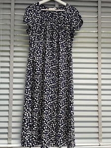 ADINI Navy Cherry Dress Large Blue Midi Side Ties Fit Flare Short Sleeve - Picture 1 of 10