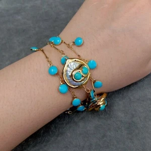 8" Natural Cultured White Coin Pearl Blue Enamel Charm Chain Bracelet - Picture 1 of 6