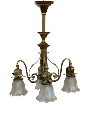 Antique Brass Victorian Arts Crafts Mission Chandelier Ceiling Light - Image 1 of 4