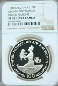 1984 TANZANIA SILVER 100 SHILINGI DECADE FOR WOMEN NGC PF 69 ULTRA CAMEO TOP POP - Picture 1 of 3