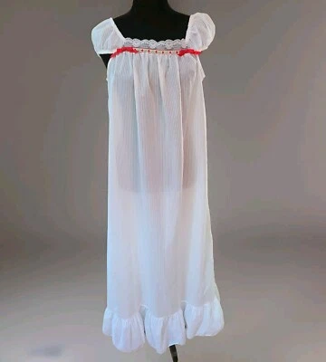 Vintage Coquette Semisheer Long Cap Sleeve Nightgown Sz 5 Red Ribbon Bow Trim - Image 1 of 4