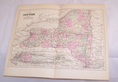 Antigua placa de cobre mapa coloreado a mano estado de Nueva York Johnson's Cyclopaedia 1897 Foto 1 de 4