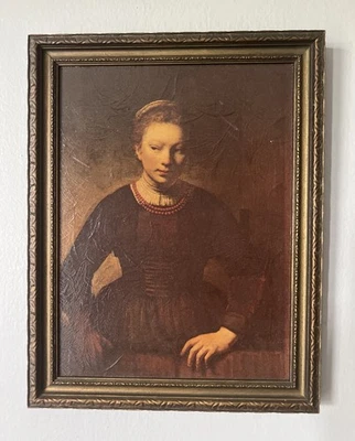 Rembrandt Van Rijn “Niña joven a media puerta abierta” impresión enmarcada en madera 10,5”x13,5” Foto 1 de 4