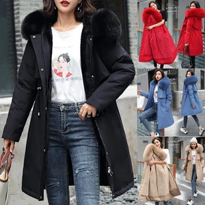 Women's Fleece Lined Parka Hooded Jacket Ladies Winter Warm Coat Long Outwear - Picture 1 of 19