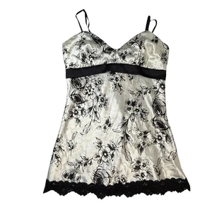 Vintage Y2K Made In USA Black Floral Print Babydoll Tank Top Sz S/M Satin Lace - Picture 1 of 9