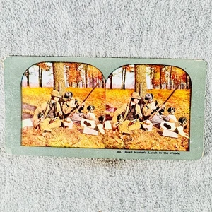 Antique Stereoview Quail Hunter's Lunch in the Woods 464 Color Card - Picture 1 of 3