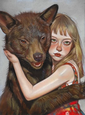 dibujo original 30 x 40 cm 304AG obra de arte pastel moderno niña y oso Foto 1 de 2