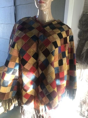 Vintage  Patchwork Suede Multicolor 70’s  Style  Women’s  Hippie Poncho - Image 1 of 4