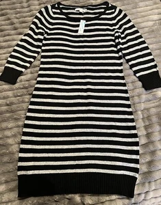 VIEJO AZUL MARINO MUJER SUÉTER VESTIDO RAYAS NEGRO GRIS ELÁSTICO TALLA MEDIANA NUEVO CON ETIQUETA - Imagen 1 de 3