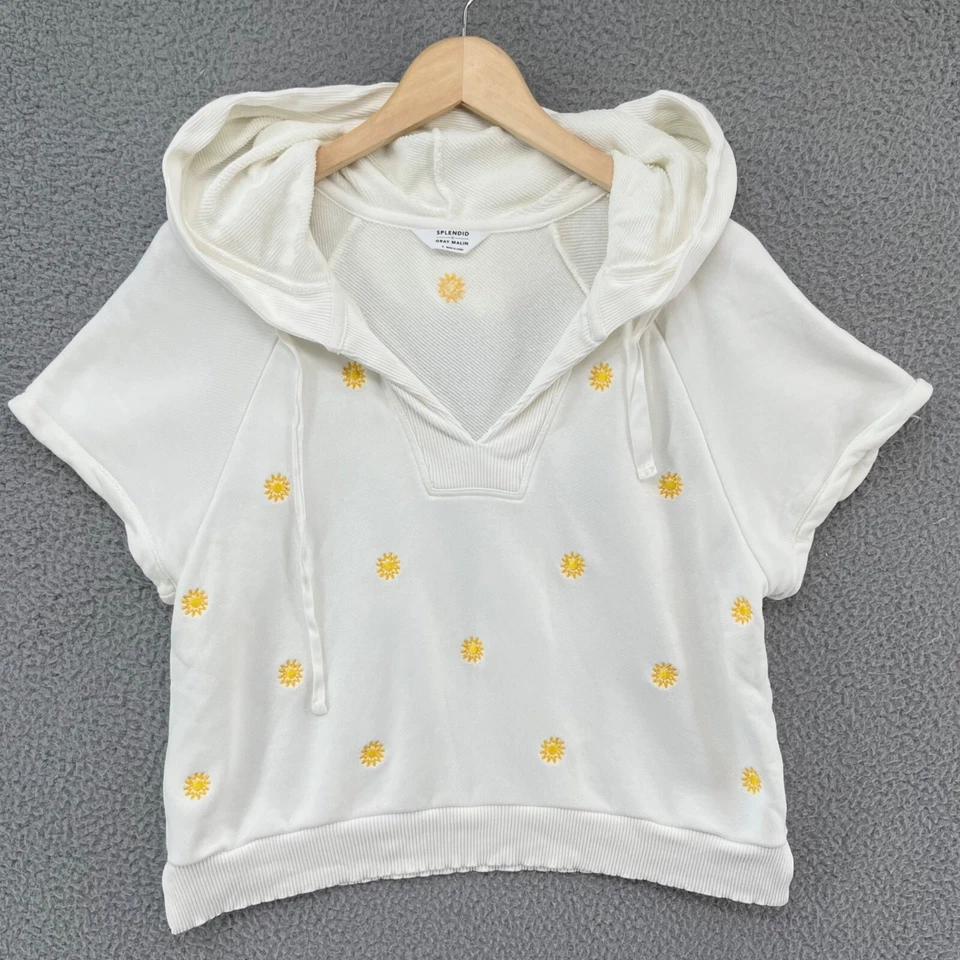 Splendid X Gris Malin Sudadera con Capucha Mujer Blanco Sol Bordado Manga Corta Talla S Foto 1 de 4