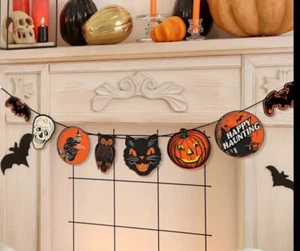 Vintage Retro Theme Halloween Hanging Banner Black Cat & Skulls - Picture 1 of 2