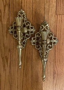 Vintage Hollywood Regency Ornate Gold Floral Scroll Cast Metal Sconces Set Of 2 - Bild 1 von 12