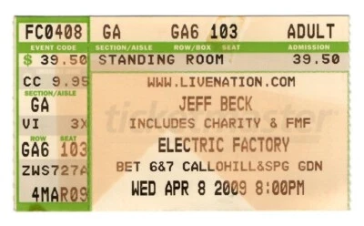 Jeff Beck Electric Factory 2009 Standing Room Ticket Stub Collectible - Image 1 of 2