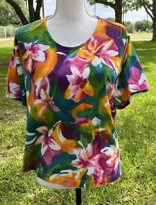 VTG Carole Little Sport Petite Sz L Floral Cotton Blouse Top Shirt Tropical - Image 1 of 4
