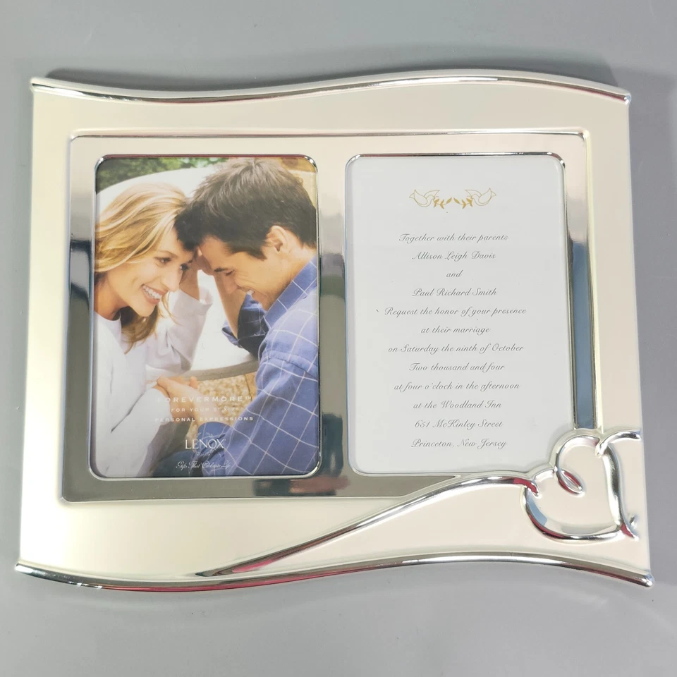 "Invitación de boda Lenox Forevermore 5x7"" marco doble blanco perla plateado" Foto 1 de 4