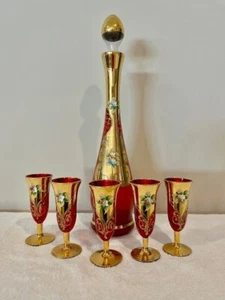 Murano Glass Decanter & 5 Glass Set - 24K Gold - Enamel Flowers - Cranberry Red - Picture 1 of 24