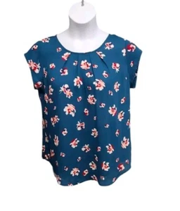 41 Hawthorn Cap Sleeve Top Womens PL Floral Print Pleated Neck Office Casual - Picture 1 of 7