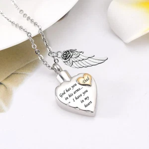 Heart Cremation Urn Necklace for Ashes Angel Wing Jewelry Memorial Penda - Picture 1 of 27