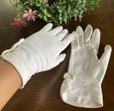 "Guantes de algodón blancos vintage de los años 50 lazos boda longitud muñeca 9""" Foto 1 de 4