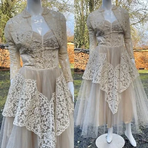 Vintage 1950’s Champagne Tulle Wedding Dress Shelf Bust Lace Bolero XXS - Picture 1 of 7