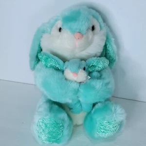Bunny Rabbit Stuffed Animal Plush Lot of 2 Blue Green Mom Baby Easter Spring - Picture 1 of 8