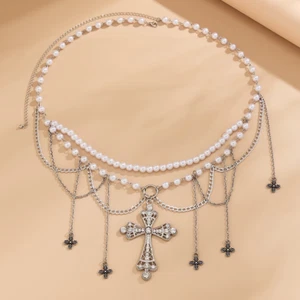 Gothic Imitation Pearl Cross Tassel Charm Belly Waist Chain for Women Beaded Bea - Picture 1 of 13