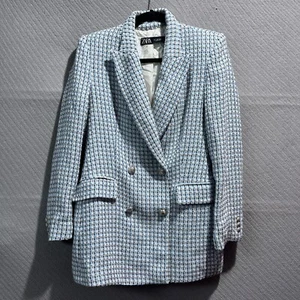 Zara Blazer Womens L Blue Textured Double Breasted Tweed Jacket Blogger City - Picture 1 of 16