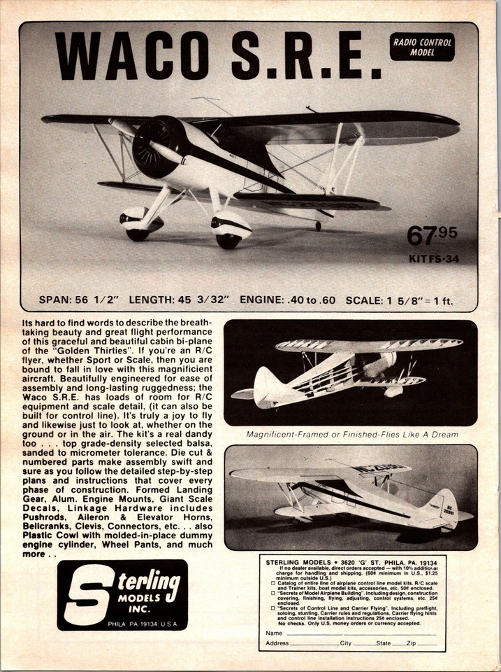 Waco SRE RC Airplane Vintage Print Ad Sterling Models - Image 1 of 1