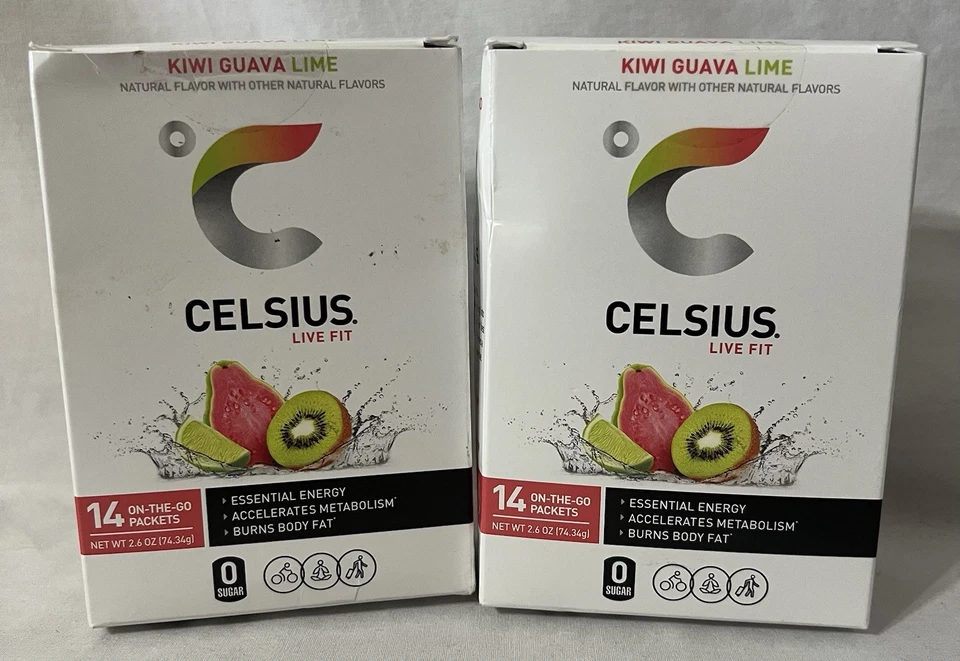 2 palitos de pó energético CELSIUS Kiwi goiaba limão em movimento pacote com 14 200 mg cafeína - Imagem 1 de 1