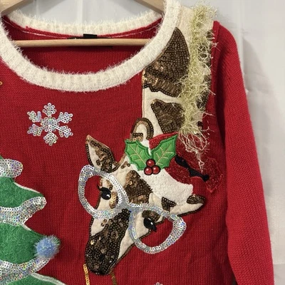 Ugly Christmas Tree 3D Sweater Womens M Giraffe Sequins Pom Poms Fuzzy Tinsel - Image 1 of 4