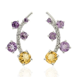 Amethyst Citrine Ear Climber Earrings Gemstone Curve Statement Gift for Her - Picture 1 of 6