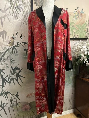 Vintage Chinese Satin Robe Kimono Asian  Embroidered Red  Floral Missing Belt - Image 1 of 4